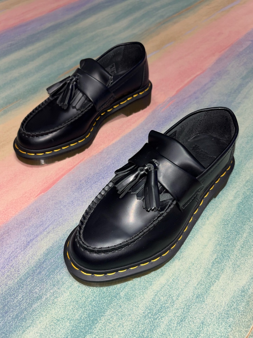 Dr. Martens Adrian Yellow Stitch Black Leather Tassel Loafers Women’s US 6